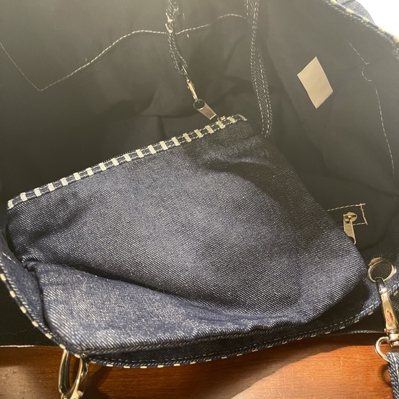 Blue Denim Tote Purse Bag Patchwork Flower Accent Silver Cross - Picture 5 of 7